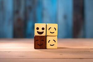 Dominoes on wooden background. Emoticon face on Wooden Cube. AI Generated photo