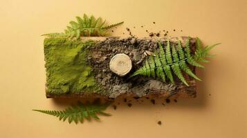 Green moss on the tree. Creative composition fo design with bark tree and moss. AI Generated photo