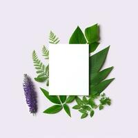 Frame with leaves. Creative layout with green leaves and blank card. AI Generated photo