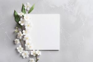 Bouquet of white flowers and blank card. Flowers composition. AI Generated photo