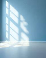 Empty room with a window. Light blue empty wall. AI Generated photo
