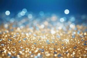 Background with bokeh. Abstract defocused gold and blue glitter background. AI Generated photo