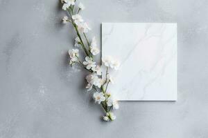 Bouquet of white flowers and blank card. Flowers composition. AI Generated photo