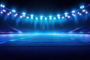 Light trails on a stadium. Abstract blue neon stadium background. AI Generated photo