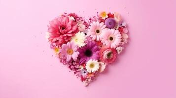 Pink heart made of flowers. Heart shape made of spring flowers on pink pastel background. AI Generated photo