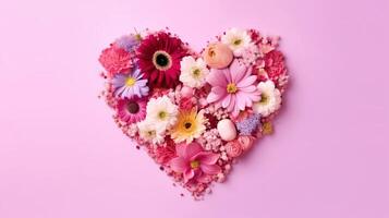 Pink heart made of flowers. Heart shape made of spring flowers on pink pastel background. AI Generated photo