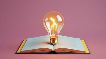 Book with light bulb. Lightbulb floating from open book on solid color background. AI Generated photo