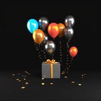 Balloons on black background. Gift box and balloons on black background. AI Generated photo