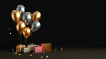 Balloons on black background. Gift box and balloons on black background. AI Generated photo