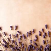 Bunch of lavender flowers. Lavender dry purple flowers. Minimal flat lay, copy space background. AI Generated photo