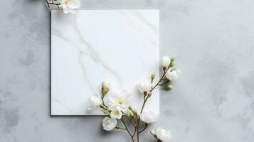 Bouquet of white flowers and blank card. Flowers composition. AI Generated photo