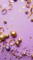Pink and purple christmas balls. Golden decorations and sparkles on lavender background. AI Generated photo