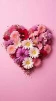 rosado corazón hecho de flores corazón forma hecho de primavera flores en rosado pastel antecedentes. ai generado foto