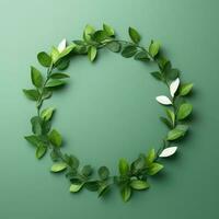 Wreath of green leaves. Green frame. Creative layout made of green leaves spring twigs. AI Generated photo