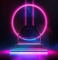 Background with glowing lights. Futuristic stage with neon light frame and podium. AI Generated photo