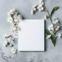 Bouquet of white flowers and blank card. Flowers composition. AI Generated photo