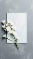 Bouquet of white flowers and blank card. Flowers composition. AI Generated photo
