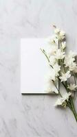 Bouquet of white flowers and blank card. Flowers composition. AI Generated photo