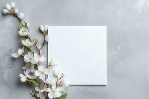 Bouquet of white flowers and blank card. Flowers composition. AI Generated photo