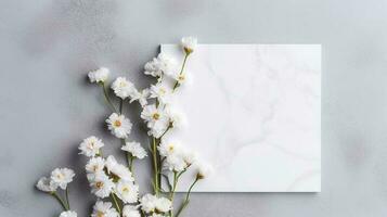 Bouquet of white flowers and blank card. Flowers composition. AI Generated photo