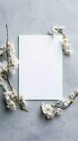 Bouquet of white flowers and blank card. Flowers composition. AI Generated photo