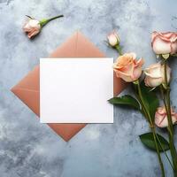 Bouquet of roses with blank card. Mockup invitation blank greeting card and flowers. AI Generated photo