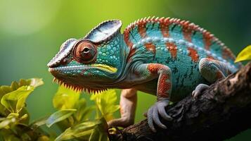 Chameleon on a branch. Veiled chameleon sitting on a branch. AI Generated photo