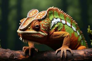 Chameleon on a branch. Veiled chameleon sitting on a branch. AI Generated photo