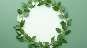 Wreath of green leaves. Green frame. Creative layout made of green leaves spring twigs. AI Generated photo