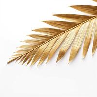 Palm tree branch. Closeup of single shiny golden painted date palm leaf. AI Generated photo