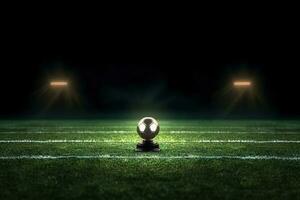 Stadium lights in the night. Green soccer field bright spotlights still life. AI Generated photo