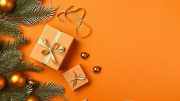 Navidad regalo caja con Navidad decoración. Navidad composición con regalos sucursales. ai generado foto