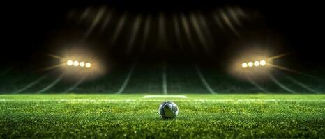 Stadium lights in the night. Green soccer field bright spotlights still life. AI Generated photo