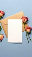 ramo de flores de rosas con blanco tarjeta. Bosquejo invitación blanco saludo tarjeta y flores ai generado foto
