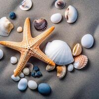 Sea shells on the sand Starfish sea stones and seashells background AI Generated photo