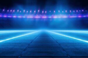 Light trails on a stadium. Abstract blue neon stadium background. AI Generated photo