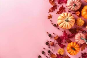 Autumn leaves and flowers. Autumn composition Dried leaves pumpkins flowers. AI Generated photo