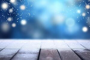 Background with bokeh. Winter snowy blurred defocused blue background. AI Generated photo