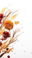 Autumn leaves background. Autumn composition Dried flowers and leaves on white. AI Generated photo