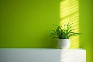 Green plant in a pot. Shelf with a plant in a white pot and green wall background. AI Generated photo