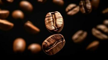 Coffee beans background Roasted falling or flying coffee beans on black background. AI Generated photo