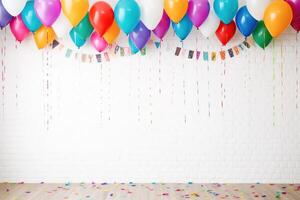 vistoso globos y papel picado. vistoso fiesta globos con papel picado. ai generado foto