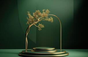 Still life with a vase Green and gold podium stand with golden abstract tree. AI Generated photo