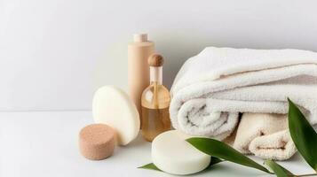 Spa still life Ecofriendly spa accessories on white background. AI Generated photo