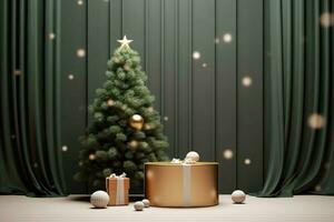 Navidad árbol con regalo cajas lujo producto monitor podio con pino. ai generado foto