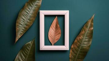 Frame with leaves. Flat lay of frame with leaf decoration. AI Generated photo