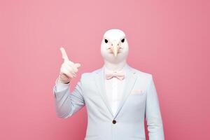 persona con un máscara hombre vistiendo blanco traje y gracioso Paloma pájaro mascarilla. ai generativo foto