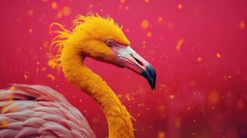 Close up of a pink flamingo. Pink flamingo in colored background. AI generative photo