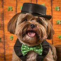 Yorkshire terrier in a hat Portrait of a dog dressed as a leprechaun AI generative photo