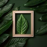 Frame with leaves. Flat lay of frame with leaf decoration. AI Generated photo